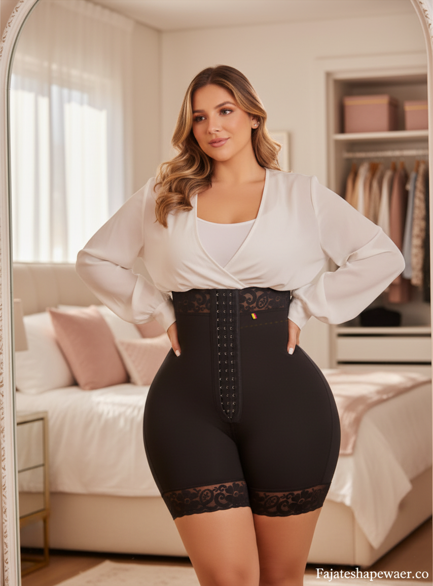 Fajateshapewear.co black high-waisted Colombian shapewear shorts with lace trim and three-hook front closure