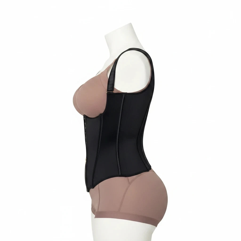 Fajateshapewear.co black hourglass waist cincher vest on a mannequin for posture support and slimming compression
