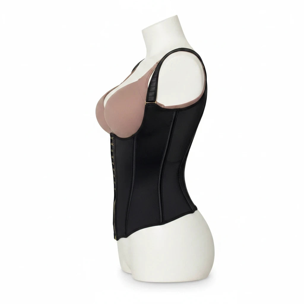Fajateshapewear.co black hourglass waist cincher vest on a mannequin for posture support and slimming compression