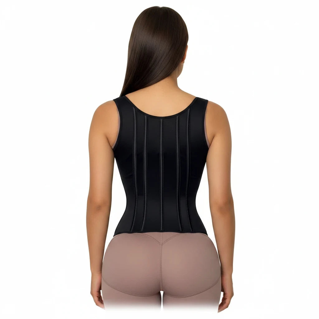 Fajateshapewear.co black hourglass waist cincher vest providing back support and a slimming silhouette on a model