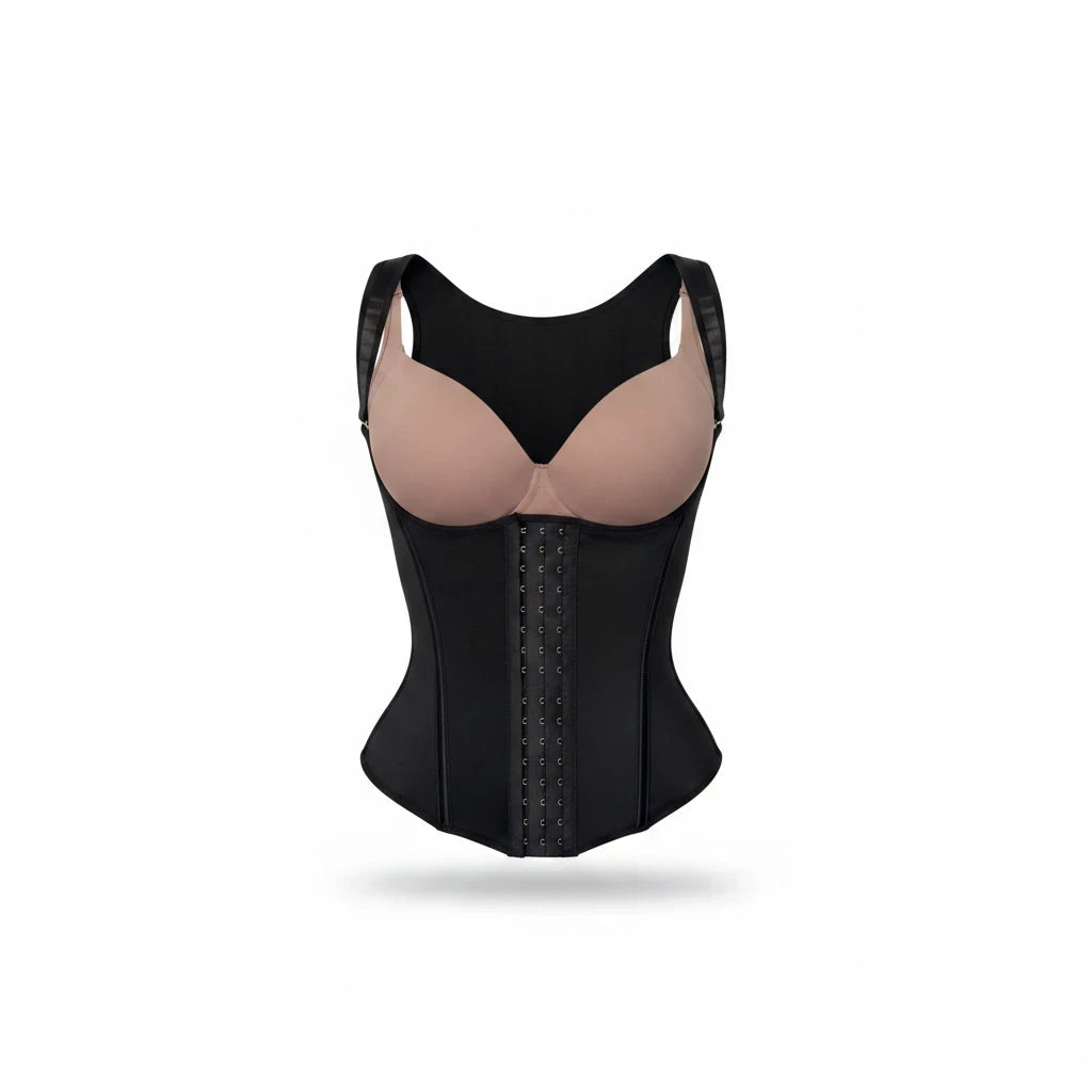 Fajateshapewear.co black hourglass waist cincher vest with beige bra cups for posture support and slimming effect
