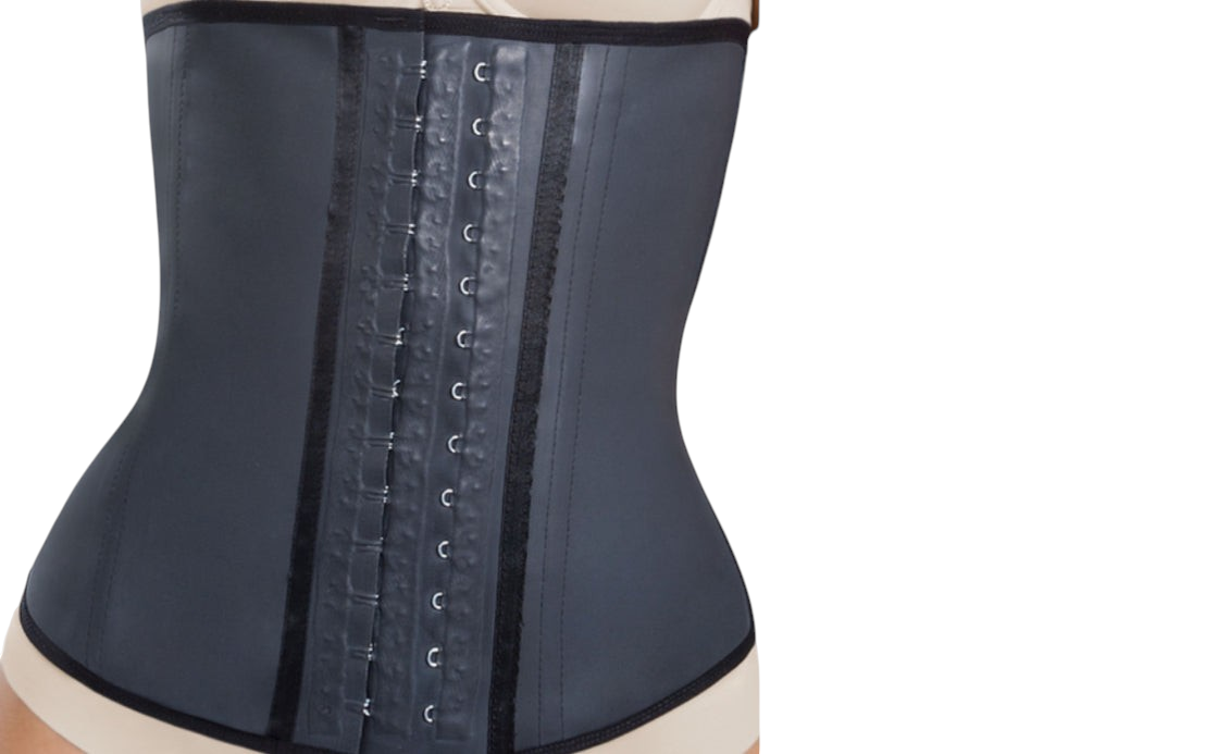 Fajateshapewear.co black high-compression latex waist trainer with three rows of adjustable hook-and-eye closures.