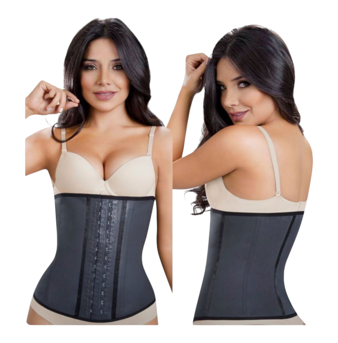 Fajateshapewear.co high compression black latex waist trainer with adjustable hook-and-eye closures on a model