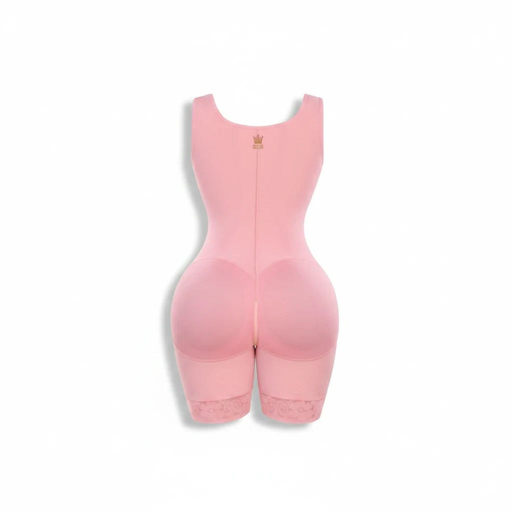 Back view of Fajateshapewear.co pink hourglass mid-thigh compression girdle with lace trim and full-back support.