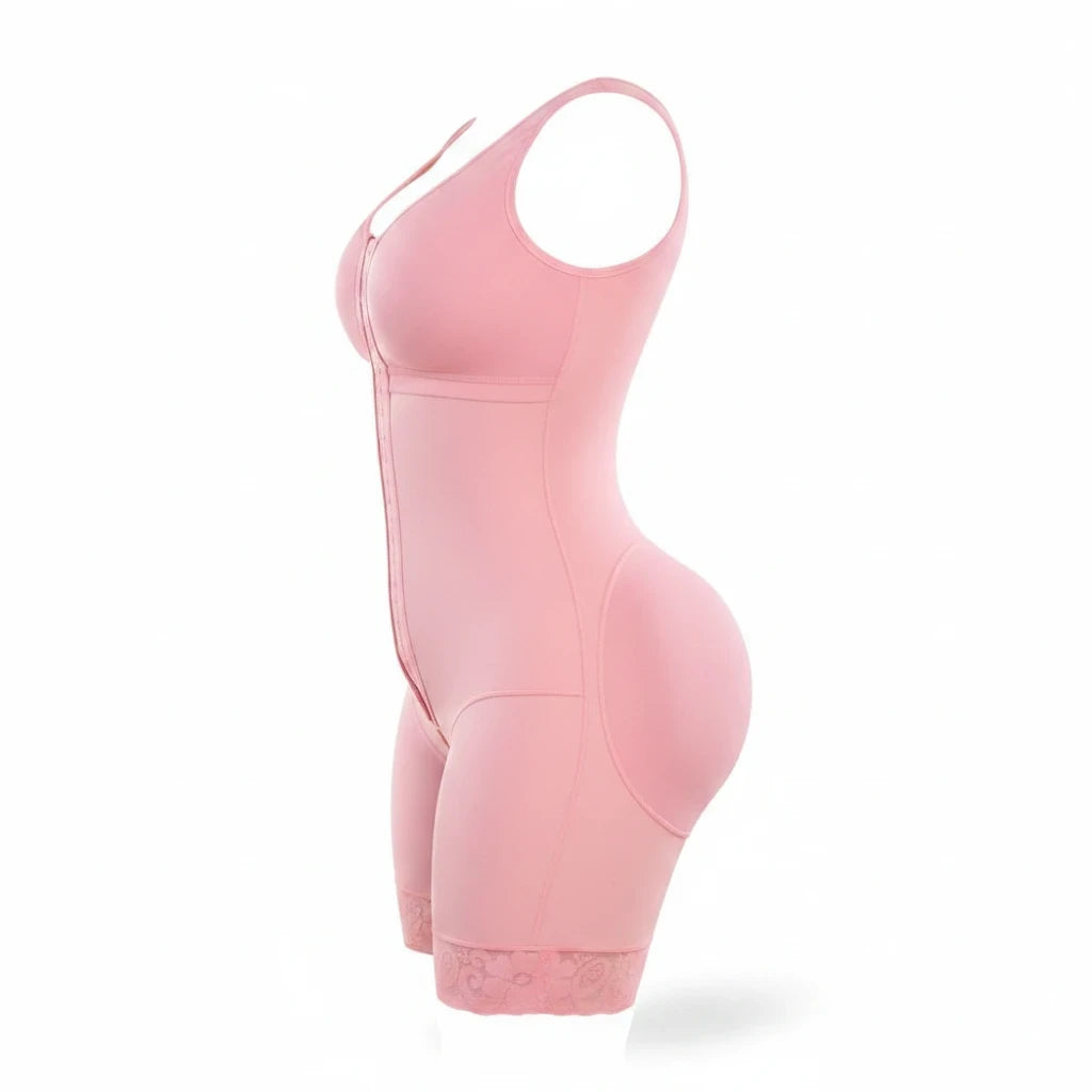 Fajateshapewear.co pink hourglass mid-thigh compression girdle with lace trim and adjustable front clasps