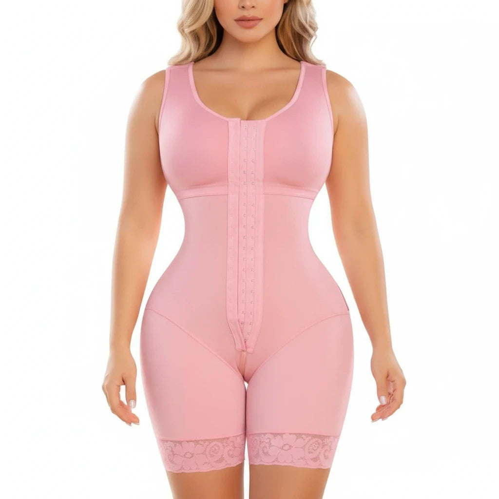 Fajateshapewear.co pink hourglass mid-thigh compression girdle with lace trim and adjustable front clasp closure.