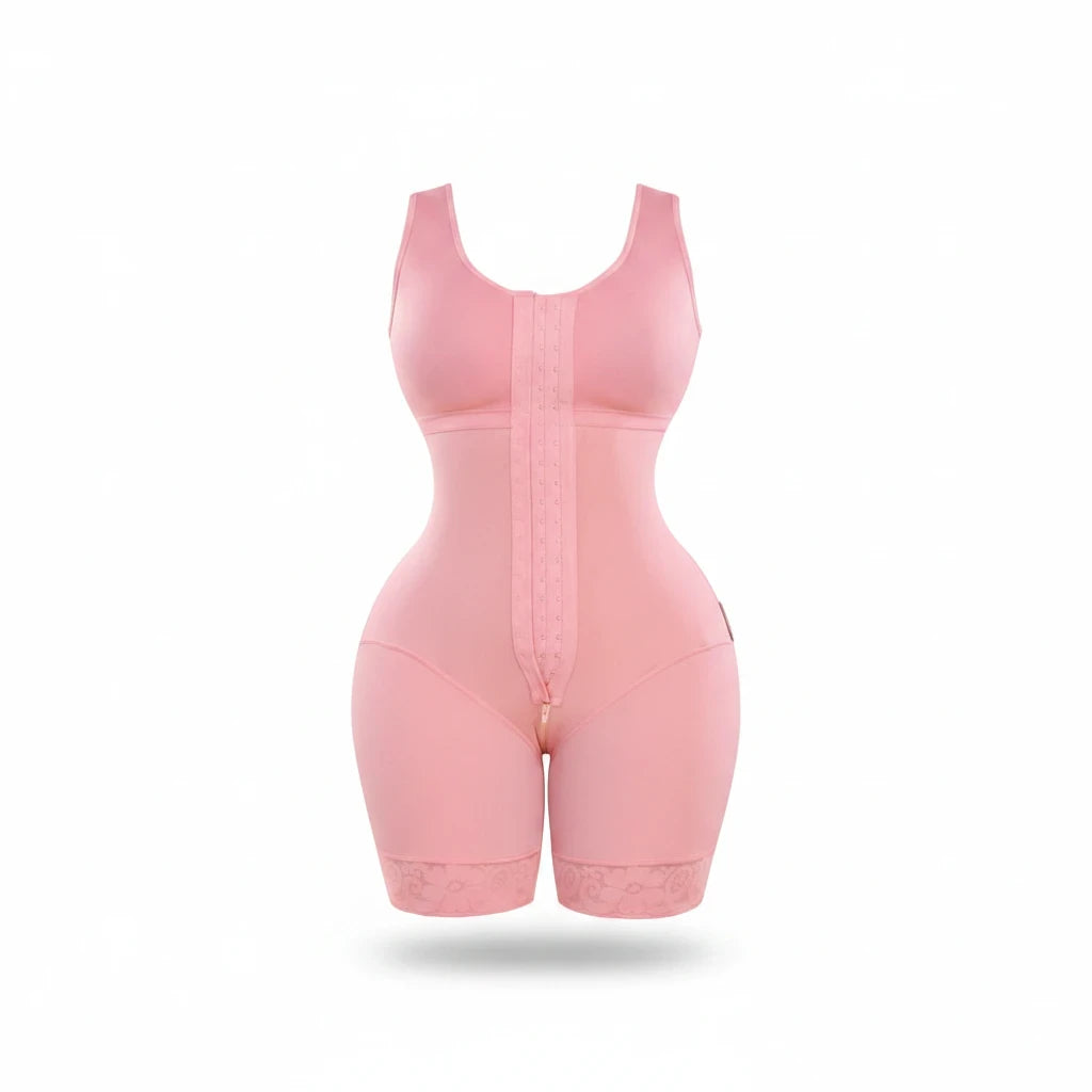 Fajateshapewear.co pink hourglass mid-thigh compression girdle with front clasps and lace leg detailing